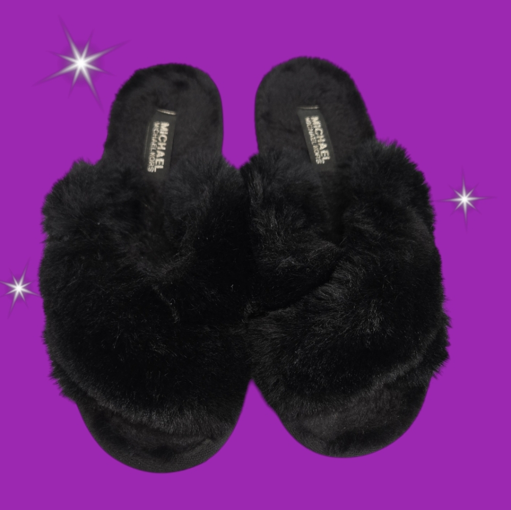 Michael Michael Kors Black Lala Long Fur Slippers Faux Fur Black Soft
